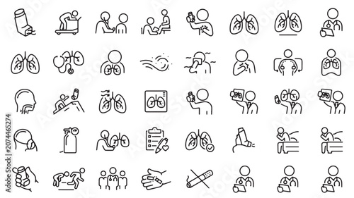 Asthma and respiratory health line icons, 40 medical lung care vector elements, pulmonary disease and breathing treatment symbols for healthcare design