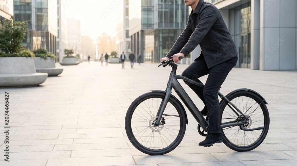 Fototapeta premium Electric Bike Commute Through Modern City Corridor Morning Light