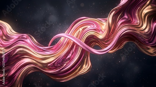 Abstract flowing silk fabric with pink and golden metallic waves on dark space background.