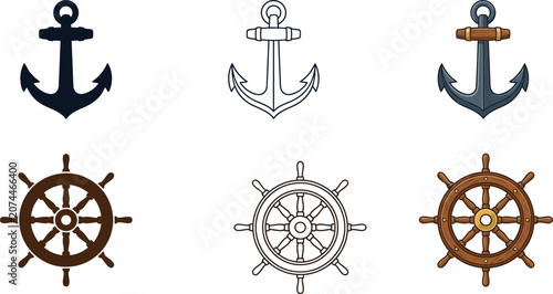 Fotografi Nautical anchor and ship wheel helm design elements in silhouette outline and de