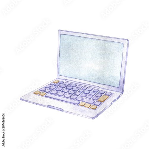 Modern laptop in pastel tones watercolor isolated illustration. Minimalist clipart hand drawn digital device for technology, education, office, business, web and app design. Detailed drawing.