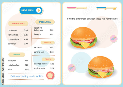Children restaurant menu template and educational game pages set. Kids cafe UI design with food illustration, outline burger coloring book and find differences activity sheet. Vector illustration.