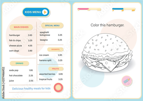 Children cafe menu design and coloring activity page. Educational food worksheet for kids with outline burger illustration to color in. Cartoon template for restaurant placemat, print media