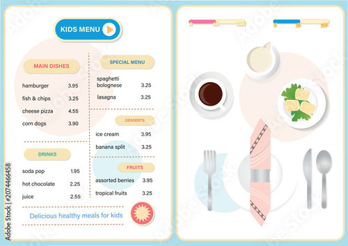Children restaurant menu template with interactive table service activity. Kids cafe UI design with price list and top view elements of dining table arrangement. Vector illustration.
