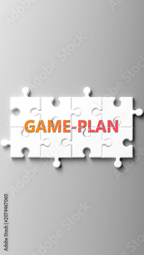 Game-Plan complex like a puzzle - pictured as word game-plan on a puzzle pieces to show that game-plan is complex and needs cooperating pieces that fit together. ,3d illustration