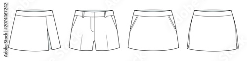 flat sketch set of womens tailored skort and mini skirt shorts vector illustration. CAD mockup.