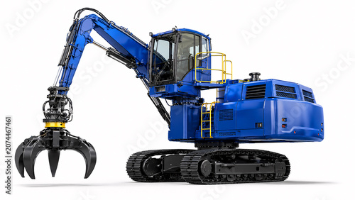 Quadro em tela Industrial blue hydraulic material handler excavator with claw grabber isolated