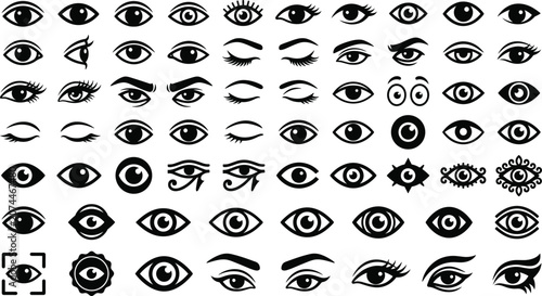 Black minimalist eye icon collection including biometric scanning frames decorative optics cosmetic makeup eyelashes vision look viewpoints and diverse gaze graphic elements