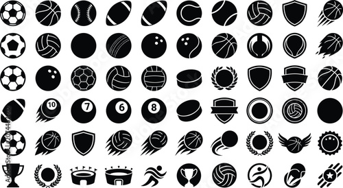 Sports balls and equipment vector black silhouette icons set featuring soccer football basketball volleyball tennis baseball billiard spheres hockey pucks and championship trophies