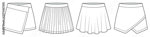flat sketch set of womens pleated mini skirt and wrap skorts vector illustration. CAD mockup.