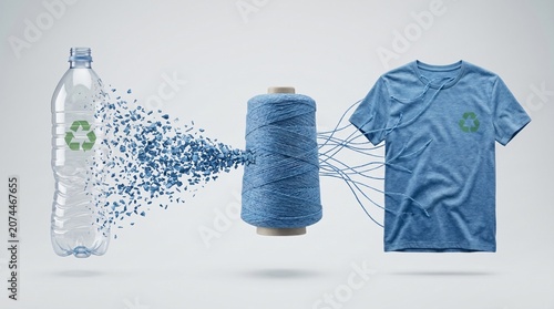 Transformation concept of a plastic PET bottle into a recycled T-shirt
