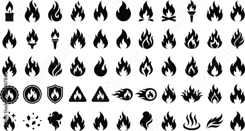 Fire flame and bonfire silhouettes vector set featuring campfire blazes candle lights burning torches danger warning symbols and hot energy sparks