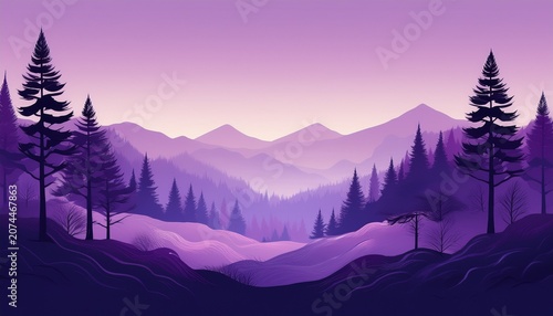 Clean Presentation Slide Background Showing Calm Purple Wilderness And Pine Forest