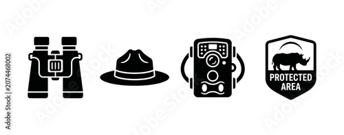 Foto Wildlife conservation icons featuring ranger hat, binoculars, camera, and rhinoc
