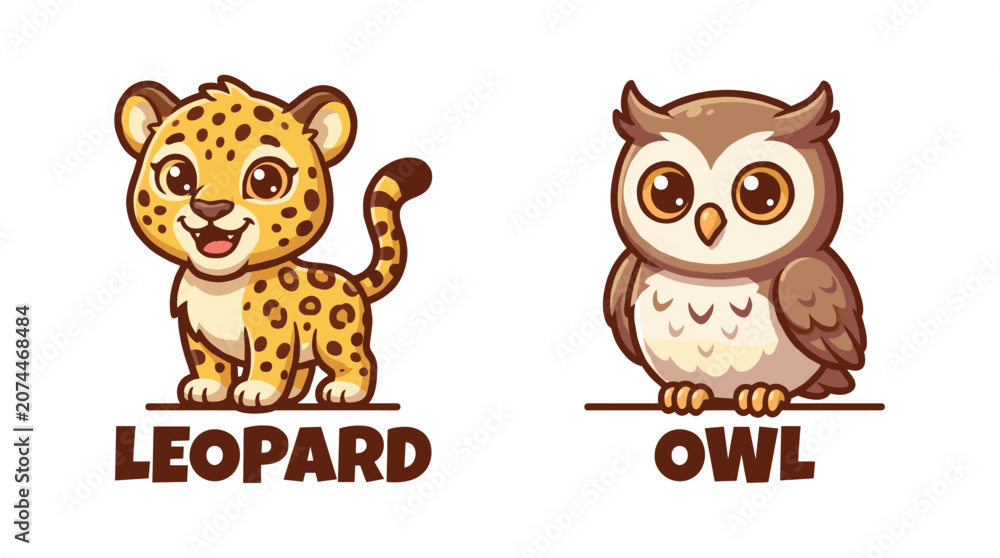 Fototapeta premium Cute Animal Cartoon Collection Featuring A Happy Spotted Leopard Cub And A Wise Brown Owl For Educational Children Designs And Decor