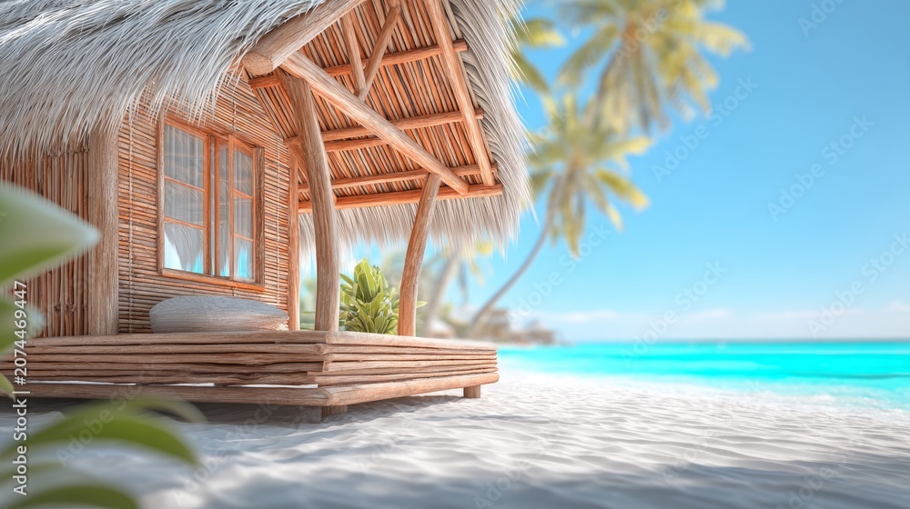 Fototapeta premium Traditional Beach Hut Surrounded by Palm Leaves on a Tropical Shoreline