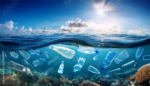 plastic bottles and rubbish pollution in ocean