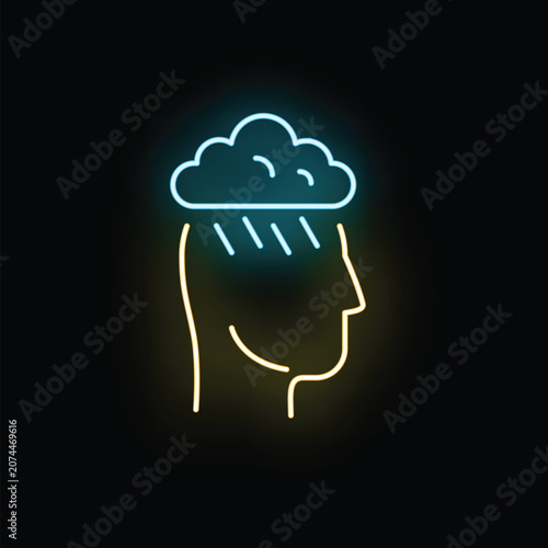 Quadro su tela Neon glowing profile of a human head with a raining cloud above symbolizing ment
