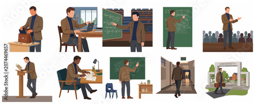 University Professor and Educator Character Set, Teaching in Classroom, Lecturing, and Researching in Office, Flat Vector Illustration