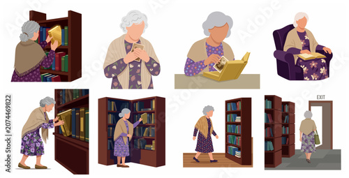 Bild auf Leinwand Elderly woman in library reading and organizing books flat vector illustration s