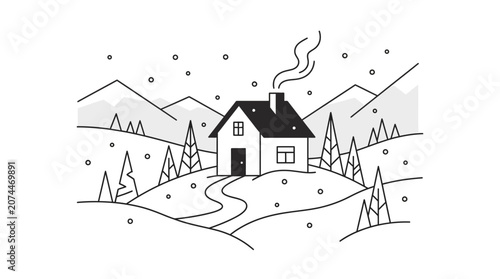 Serene House with Smoking Chimney and Falling Snow in Mountain Winter Landscape