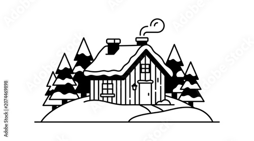 Cozy Winter Cabin House on Snowy Hill with Smoke from Chimney, Surrounded by Trees, Isolated White Background