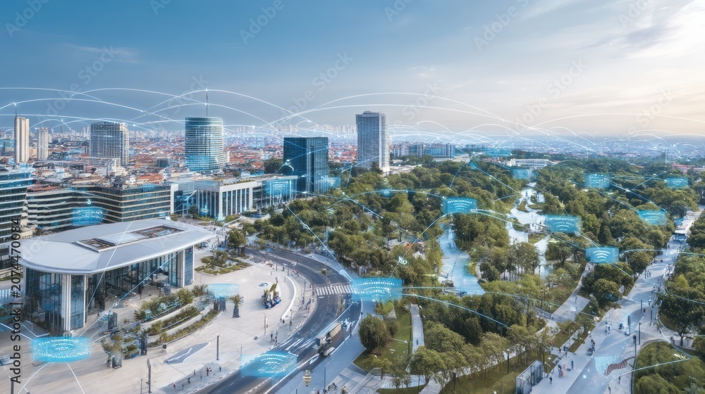 Fototapeta premium Modern Urban Park Environment Concept with Smart Technology Integration