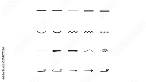 Collection of decorative hand drawn underline strokes and bullet point line art dividers.