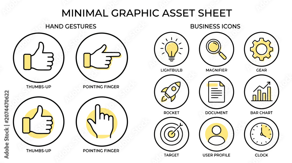 Fototapeta premium Minimal graphic asset sheet with hand gestures and business icons