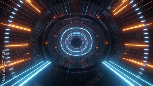 A futuristic sci-fi tunnel with glowing blue and orange neon light rings.