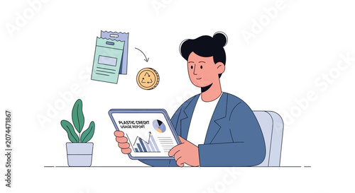 Businesswoman analyzing financial report on tablet, coin and documents in background