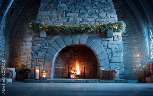 Cozy Vaulted Stone Fireplace in Castle Interior with Christmas Decor