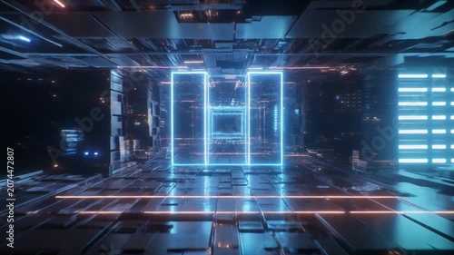 A glowing blue neon rectangular frame stands in the center of a dark futuristic corridor.