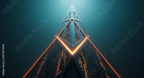 Futuristic digital pyramid with glowing orange circuits against a dark teal background, symbolizing innovation and progress, ideal for tech presentations, sci-fi media, and corporate innovation.