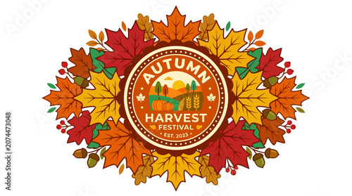 Autumn harvest festival colorful leaf logo.