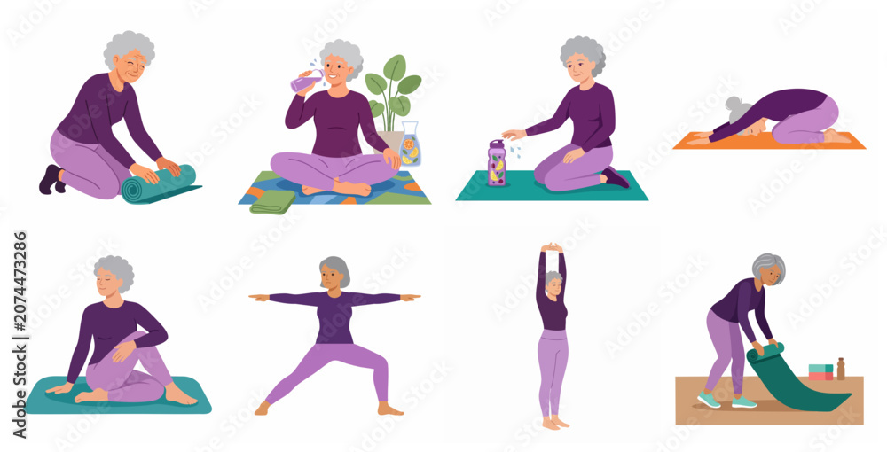 Obraz premium Active Senior Women Practicing Yoga and Fitness Exercises Set of Vector Illustrations