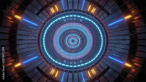 Futuristic sci-fi tunnel with glowing blue and orange neon lights in a circular design.
