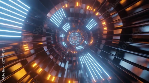 A futuristic circular tunnel glows with blue and orange lights in an abstract 3D render.