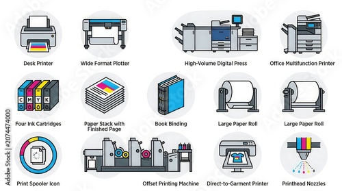 Set of professional printing technology icons featuring various industrial machines digital presses and ink supplies for commercial use in graphic design