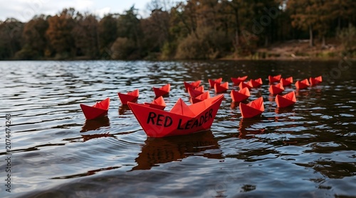 Red leader paper boats on a lake