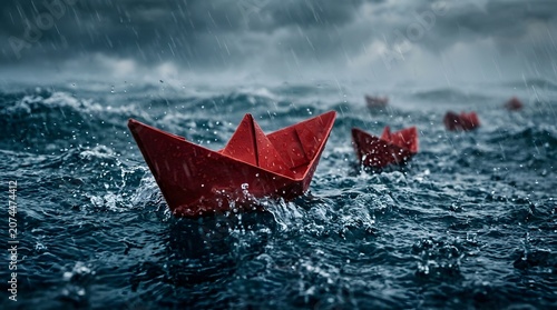 Red paper boats on stormy sea