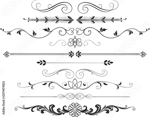 Collection of six vintage decorative golden borders in vector format arranged neatly, classic Victorian ornaments, metallic finish, isolated on white.