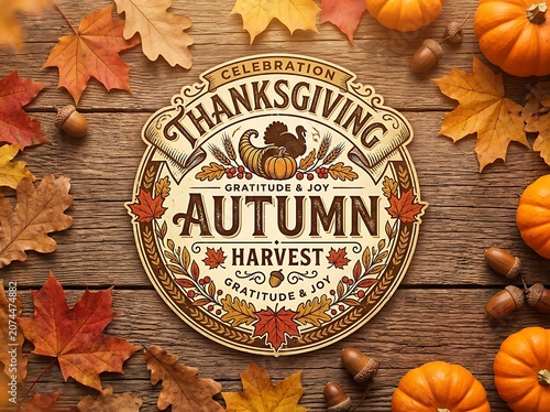 Thanksgiving Autumn Harvest Celebration with Pumpkins Leaves and Acorns on Wooden Background