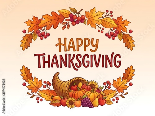 Thanksgiving celebration with cornucopia of fruits and vegetables surrounded by fall leaves and berries