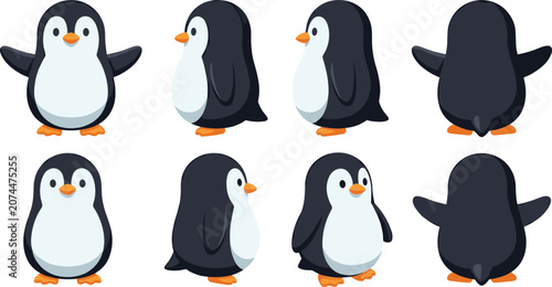 Canvastavla Cute Penguin Character Collection Set with Front Side Back Views Cartoon Antarct