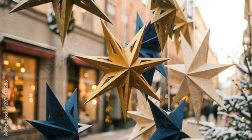 Christmas star ornaments on a snowy city street
