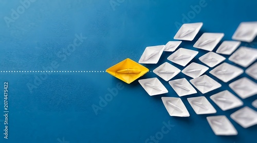 A yellow paper boat leads white boats on blue background