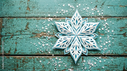 Intricate paper snowflake on distressed teal wood background