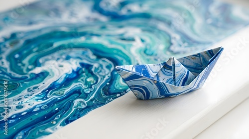 Paper boat on abstract blue art