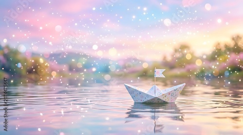 Origami boat on serene water with pastel sunset background